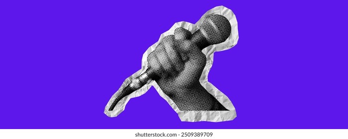 A hand holds a microphone. Collage element in halftone effect. Pop art illustration on bright yellow background. Vector