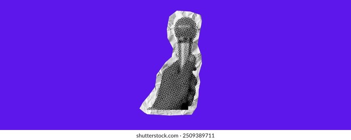 A hand holds a microphone. Collage element in halftone effect. Pop art illustration on bright yellow background. Vector