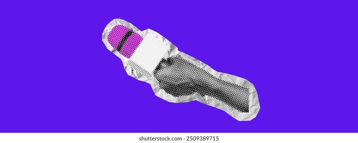 A hand holds a microphone. Collage element in halftone effect. Pop art illustration on bright yellow background. Vector