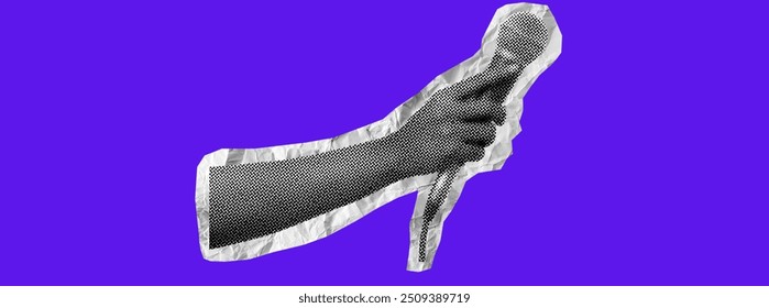 A hand holds a microphone. Collage element in halftone effect. Pop art illustration on bright yellow background. Vector