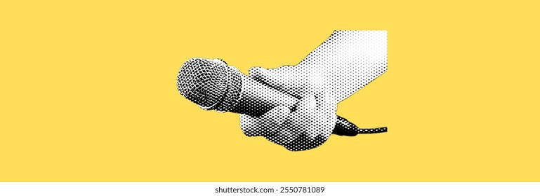  A hand holds a microphone. Collage element in halftone effect. Pop art illustration on bright yellow background. Vector