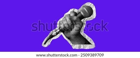 A hand holds a microphone. Collage element in halftone effect. Pop art illustration on bright yellow background. Vector