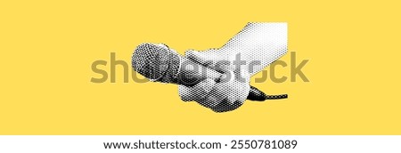  A hand holds a microphone. Collage element in halftone effect. Pop art illustration on bright yellow background. Vector