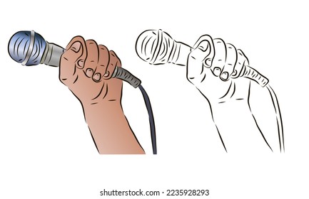 The hand holds the microphone in a color and black-and-white image. The concept of news or karaoke.