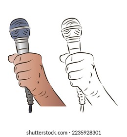 The hand holds the microphone in a color and black-and-white image. The concept of news or karaoke.