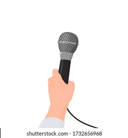 Hand holds microphone. First person interview holding press conference news broadcasting recording cartoon story music paparazzi journalistic vector investigation, informational conversation.