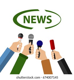 A hand holds a microphone, take an interview, news. Flat design vector illustration, vector.