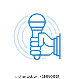 Hand holds microphone vector line icon. Equipment for media communication and music concerts. Latest news events and broadcasting with investigative journalism. Studio acoustic recordings.