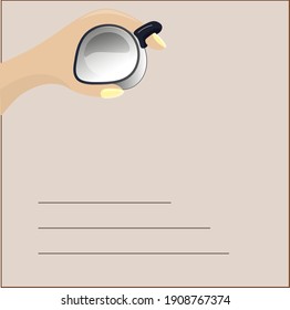 La mano sostiene al lechero. Fondo beige con lugar para el texto. Cartel de publicidad de productos lácteos de cafés-restaurantes. EPS vectorial 10.