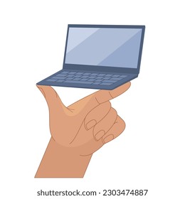 The hand holds a mini laptop on the fingers. Demonstration of compact technologies. Cartoon hand with a computer on a white background.The hand holds a mini laptop on the fingers. Demonstration of com