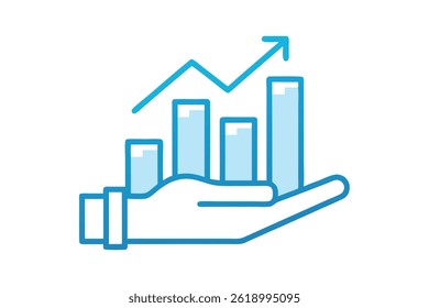 Hand holds a minimalistic bar chart with an arrow pointing upwards. Depicts progress and growth with a clean, modern blue outline on a white background.