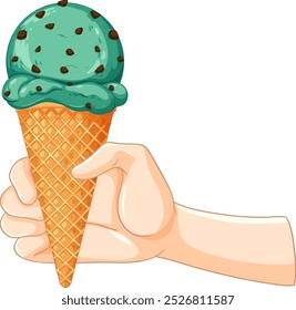 A hand holds a mint chocolate chip ice cream cone