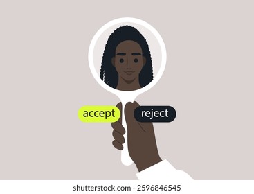 A hand holds a mirror displaying a self-portrait reflecting themes of acceptance and rejection, inviting introspection