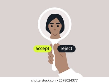 A hand holds a mirror displaying a self-portrait reflecting themes of acceptance and rejection, inviting introspection