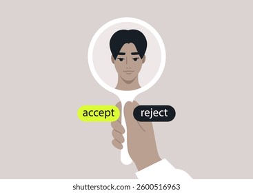 A hand holds a mirror displaying a self-portrait reflecting themes of acceptance and rejection, inviting introspection