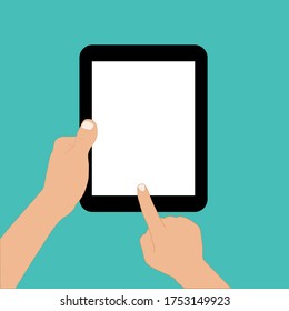 hand holds mobile device tablet finger touch screen vector design illustration 