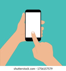hand holds mobile device tablet finger touch screen vector design illustration 
