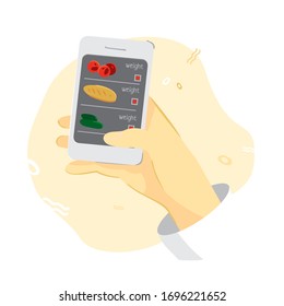 Hand holds a mobile phone with an app for online grocery shopping and delivery. Concept banner of contactless delivery of the goods in to quarantine, pandemic. Food app template. Vector illustration.