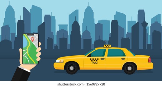 hand holds a mobile phone with the application on the screen. Taxi service application on a smartphone to order services. yellow taxi on the background of the city.vector illustration.10 eps.