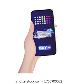 A hand holds a mobile phone with the application for the purchase of airline tickets. The application for online booking airline tickets. Isolated, vector.