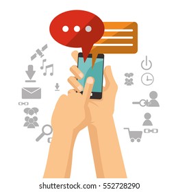hand holds mobile phone bubble speech chat