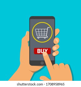 Hand holds mobile phone with buy button in shop.Finger clicks touch screen to pay of online purchases. Customer conducting payment transaction on display smartphone.Concept of shopping. vector