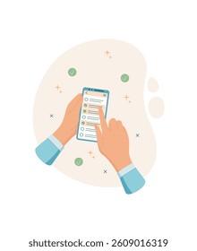 A hand holds a mobile phone displaying a to list app. A user interacts with the app on the screen using finger. This digital application features checklist format for effective task management.