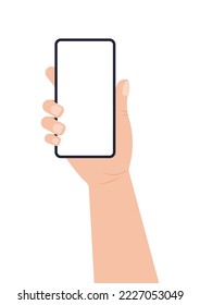 Hand holds mobile phone flat style vector illustration. Smartphone device in hand isolated on white background. Gadget with touchscreen image.