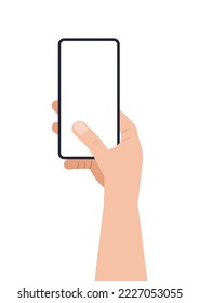 Hand holds mobile phone flat style vector illustration. Smartphone device in hand with finger isolated on white background. Gadget with touchscreen image.
