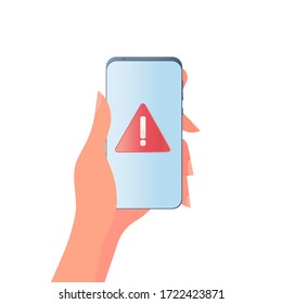 Hand holds a mobile phone. Girl holds the phone in her hand close-up.
Alarm and hazard notification. Isolated. Vector.