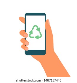 Hand holds mobile phone with green recycling symbol on the display. Waste recycle management onboarding mobile app page screen. Vector illustration 