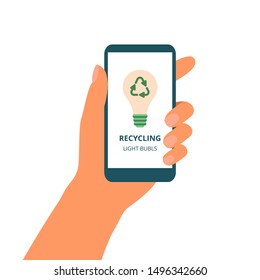 Hand holds mobile phone with green concept of recycle light bubls on the display. Waste recycle management onboarding mobile app page screen. Vector illustration 