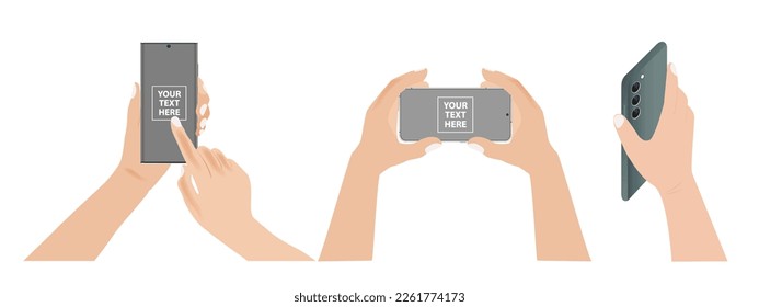 Hand holds the mobile phone in horizontal and vertical positions with blank screen in different positions. Female arm is touching smartphone display with finger. Presenting smartphone Vector.