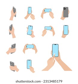 Hand holds the mobile phone in horizontal and vertical positions with blank screen in different positions. Female arm is touching smartphone display with finger. Presenting smartphone. Vector.