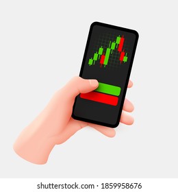 Hand holds mobile phone. Market trend analysis on smartphone with line chart and graphs. Design infographic, statistics on screen. Mobile technology concept. Vector illustration