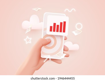 Hand holds mobile phone. Market trend analysis on smartphone with line chart and graphs. Design infographic, statistics on screen. Mobile technology concept. Vector illustration
