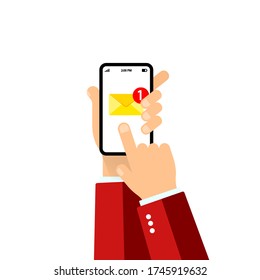 Hand holds a mobile phone on the screen envelope. New email notification on mobile phone. Smartphone screen with new unread email message. Vector on isolated white background. EPS 10.