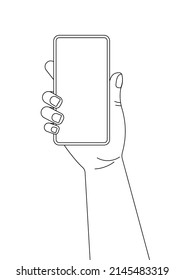 Hand mantiene la ilustración vectorial del esquema del teléfono móvil. Dispositivo para smartphone con diseño de línea aislado en fondo blanco. gadget de trazo modificable lineal con imagen de pantalla táctil.