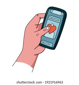 Hand holds mobile phone. Realistic hand on white background.