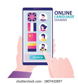 Hand holds mobile phone, selecting teacher to study language. Foreign language teachers questionnaires on screen. Online education, courses and e-learning. Internet technology. Vector illustration