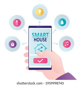 Hand holds mobile phone with smart home control app. Control of light, temperature and other systems through smartphone. Various web icons. Different functions of smart house. Flat vector illustration