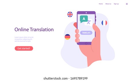 Hand holds mobile phone with translation service. Different foreign languages. Concept of learning languages, translation service.  Vector illustration in flat design for UI, banner, mobile app