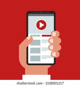 hand holds a mobile phone. watching videos in the application. flat vector illustration