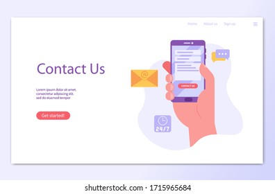 Hand holds mobile phone and writing mail. Contact us landing page. Concept of online support, customer support, email marketing. Vector illustration for UI, web banner, mobile app