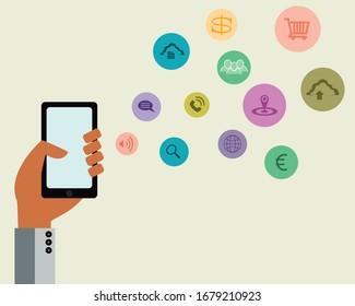 Mano mantiene el móvil con un conjunto de iconos de línea.  Pantalla de demostración o pantalla de mercado. Tendencias de Internet, redes sociales, búsqueda en smartphone. Ilustración plana vectorial del servicio en la nube y la tecnología.