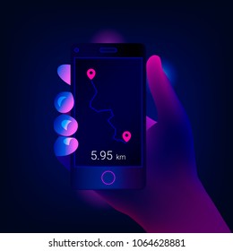 Hand holds mobile smartphone app with track displayed. Navigation, running or trekking app. Trendy color style. Vector illustration.