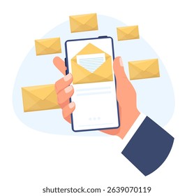 Hand holds mobile smartphone with messages on screen. Letter envelope send and receive. Online mailing. Phone email technology. SMS notification. Cellphone app display