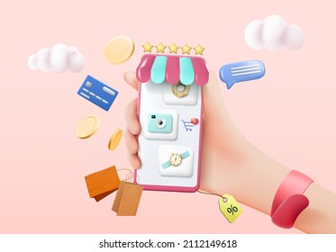 The hand holds a mobile smartphone for shopping in the store. Shop online via mobile app. Vector illustration in cartoon 3d style