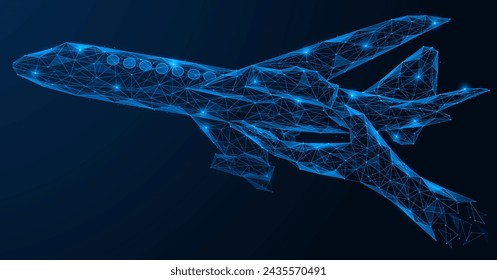 Hand holds a model passenger plane. Polygonal design of interconnected lines and dots. Blue background.