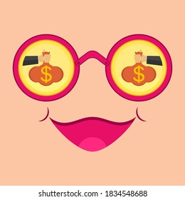 Hand Holds A Money Bag With A Dollar Sign. Gold Coins, Pink Round Glasses And A Face With A Smile. Vector Illustration.